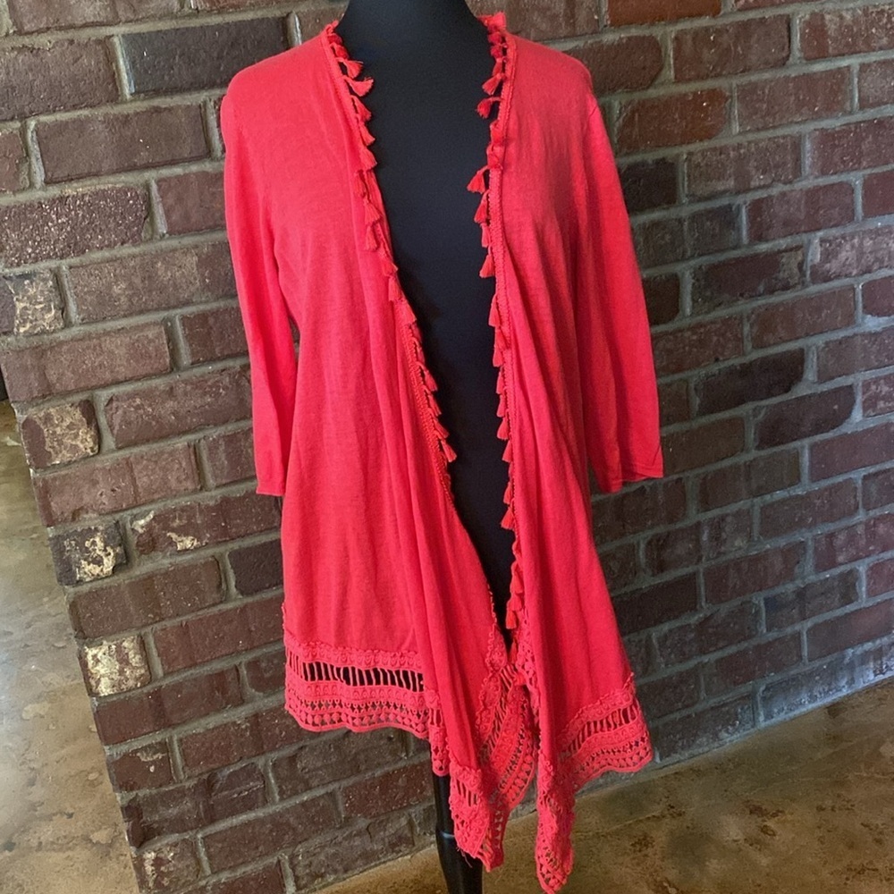 Chicos red tassel neck open front‎ 3/4 sleeve linen cardigan sweater